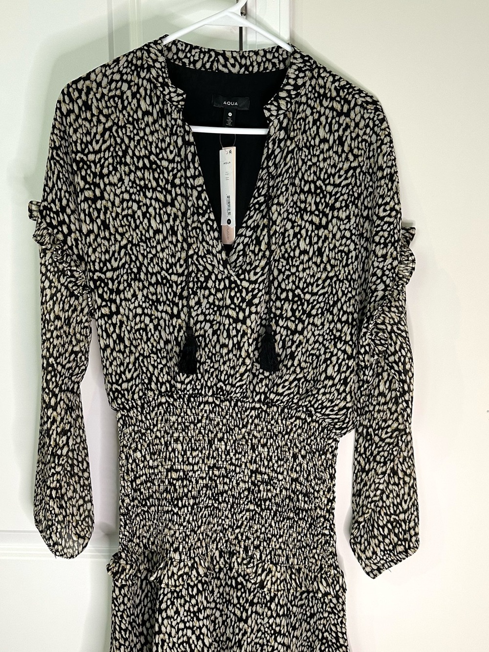 Aqua Black and Cream Printed Smocked-Waist Tunic